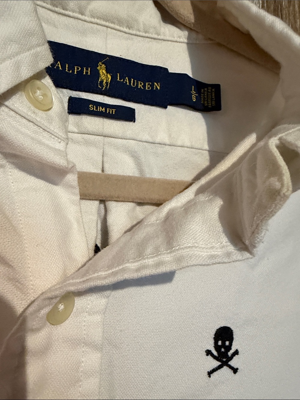 Ralph Lauren White Slim Fit Polo with Black Skull Embroidery